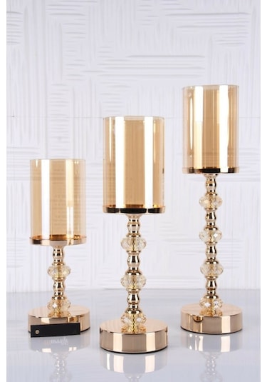 Kristal Taşlı Ayaklı Gold Şamdan 3'lü Set