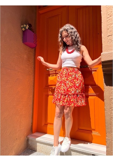 Buse Vual Kısa Etek Tomurcuk Desen Turuncu 6168
