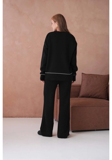 Kadın Bisiklet Yak Adüşük Kol Kazak Fitilli Pantolon İkili Triko Takım Siyah