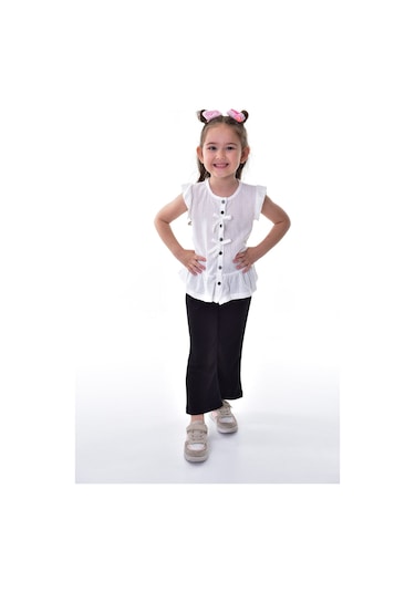 Fırfır Kollu Düğmeli Fiyonk Detaylı Kız Çocuk Alt-üst Takım Beyaz