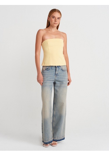 Dilvin 50880 Straplez Peplum Top-açık Sarı Açık Sarı