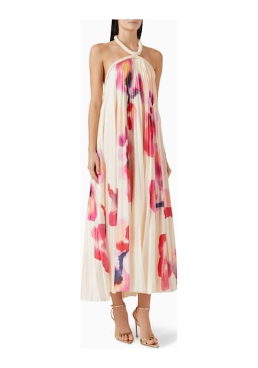 Acler Fixby Şifon Maxi Elbise - Orkide Deseni - %100 Polyester - Halter Yaka Krem