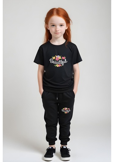 Beautiful Baskılı Kız Çocuk Tişört Ve Eşofman Alt-üst Takım Siyah
