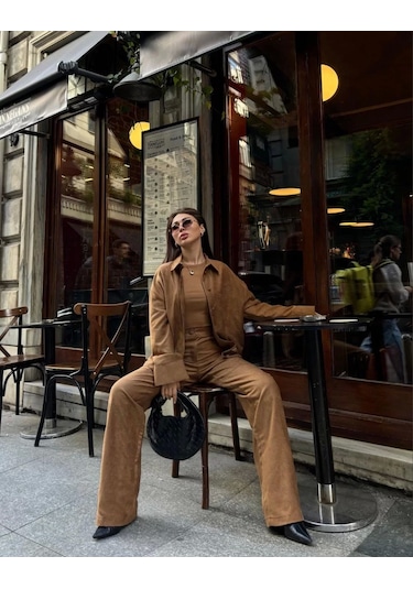 Süet Gömlek Palazzo Pantolon İkili Takım - Kahve Kahve