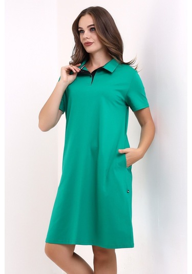 Kadın Yakalı İki Cepli Krep Elbise Yeşil Sckwm23el02 Yeşil