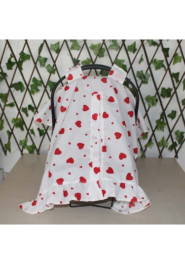 Bebek Puset Örtüsü Kalpli Puset Örtüsü Pamuklu Kumaş Fırfır Detay Çıt Çıtlı Puset Örtüsü Beyaz - Kırmızı