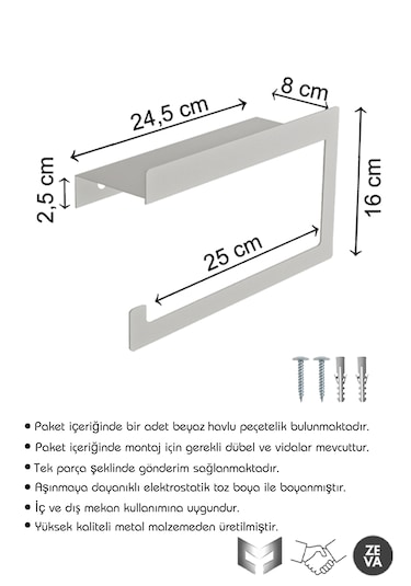 Beyaz Metal Duvara Monte Havlu Peçetelik, Peçete Düzenleyici