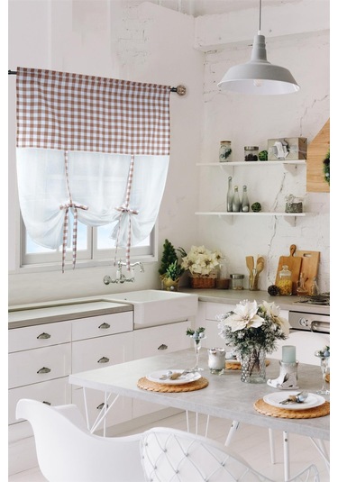 Naturel Potlu Ekose Tül Perde Retro Kahve Rengi