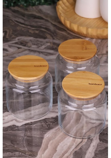 Zone - 3'lü Cam Saklama Kabı 600ml Vakumlu Bambu Kapaklı Ahşap - Şeffaf