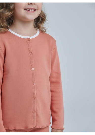 Kız Çocuk Fitilli %100 Pamuklu Düğmeli Hırka Kiremit