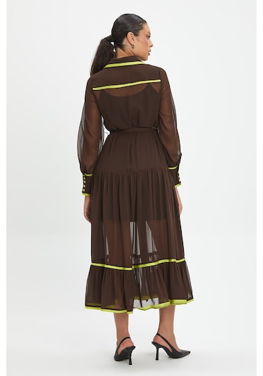 Şifon Ve Bağcıklı Midi Boy Elbise - Kontrast Şerit Detaylı - Günlük Ve Özel Günlük Şıklık Kahve