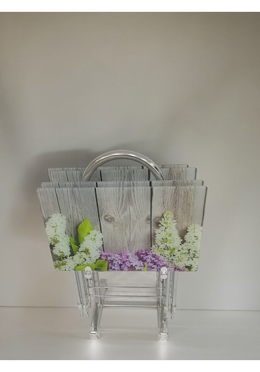 Liza Serisi Çanta Zigon, 4 Lü Katlanabilir Sehpa, Cam Sehpa, Çanta Sehpa Krom Ayak Sümbül