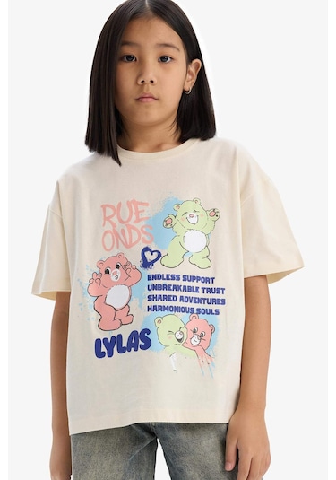 DeFacto Kız Çocuk Oversize Geniş Kalıp Bisiklet Yaka Kısa Kollu Tişört E0386A825SMER134 Ekru