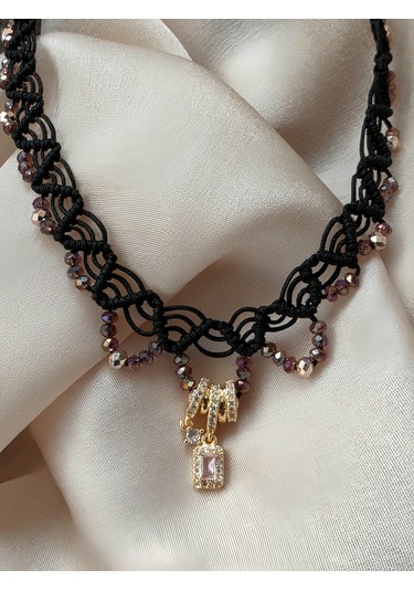 Makrome Bohem İp Örme Yavru Ağzı El Yapımı Bağlamalı Kolye Siyah