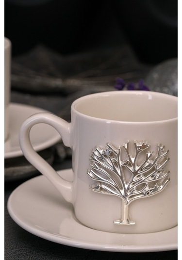 Hayat Ağacı Platin Kabartma Motif 4 Parça 2 Kişilik Kahve Fincan Takımı