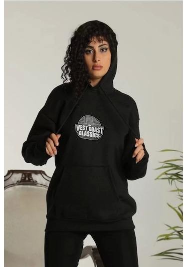 Unisex Sırt Baskılı Kapüşonlu Üç İplik Oversize Sweatshirt - Siyah Siyah