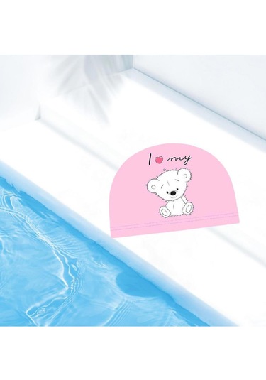 Çocuklar İçin Pembe Ayıcık Figürlü Deniz Havuz Bonesi, Likralı Be Pembe