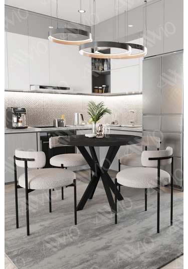 Avvio Lonya Teddy Sandalye 90x90 Yuvarlak Yemek Masası Mutfak Masası 4 Kişilik Masa Sandalye Takımı Siyah Mermer