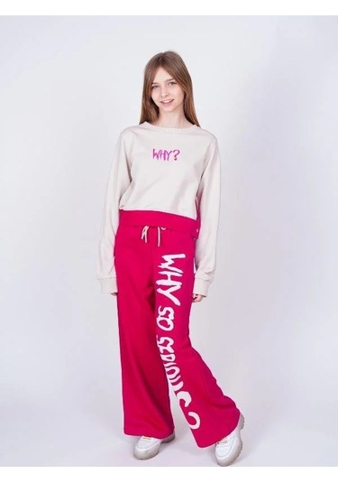 Kız Çocuk Why Yazılı Yanlardan Çıt Çıtlı Bol Paça Eşofman Takım-13538 Fuşya