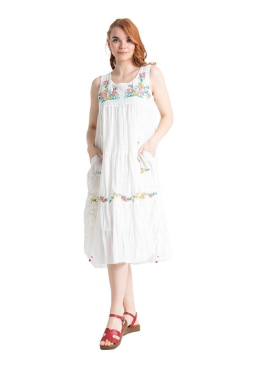 Kolsuz Vual Ahsen Nakışlı Midi Boy Elbise Krem Krm-krem