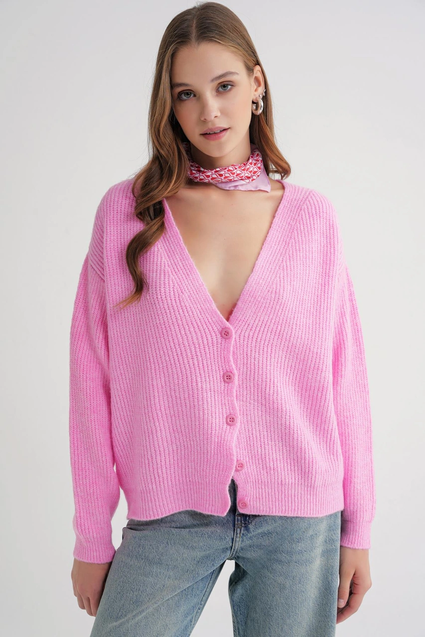Mixray 6943 Kadın V Yaka Selanik Hırka Pembe