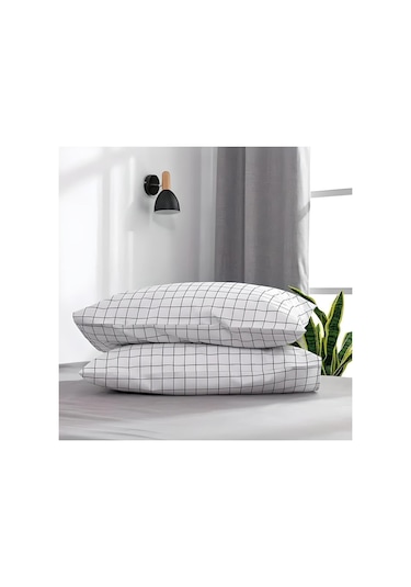 Kare Desenli Kapaklı Yastık Kılıfı 50x70 - 2 Adet Beyaz