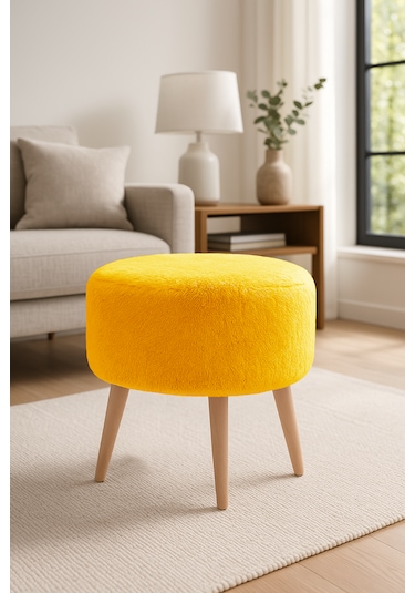Yuvarlak Puf - 40cm - Welsoft Kumaş - Sarı