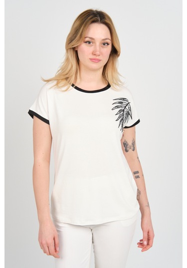 Sistas Kadın Düşük Kol Boncuk İşlemeli Bisiklet Yaka Bluz 24274 Ekru Ekru