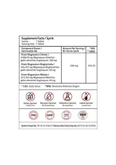 Validus Magnezyum Complex Bisglycinate Sitrat Malat 200 Mg 60 Tablet