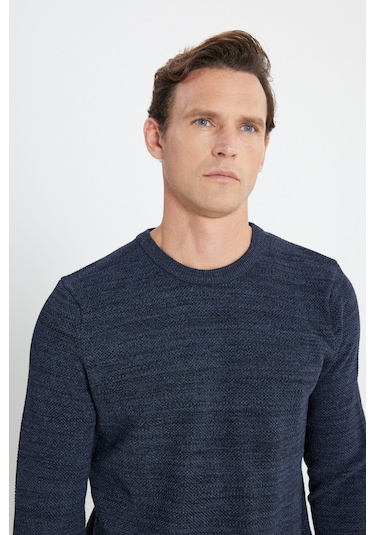 Erkek Hakı-ındıgo 2'li Paket Pamuklu Standart Fit Normal Kesim Bisiklet Yaka Triko Kazak Hakı-ındıgo