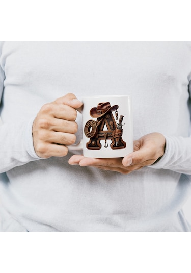 A Harfi Kovboy Temalı Bardak 330 Ml İsim / Harf Kişiye Özel Hediye - Vahşi Batı Konsept Beyaz