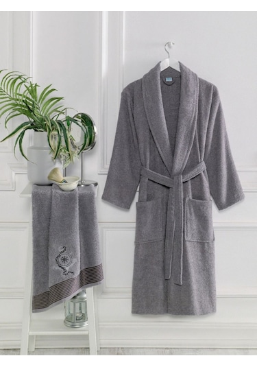 Formeya Havlulu Bornoz Seti 2 Parça Bornoz + Yüz Havlusu Gri