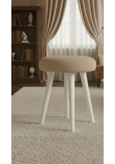 Gürgen Ahşap Retro Ayak Dekoratif Beyaz Pelüş Puf Tabure Bej