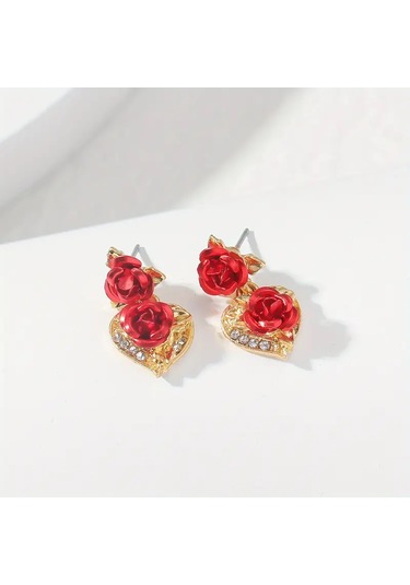 Elegance 3 Parça Altın Kalp & Gül Kolye Ve Küpe Seti Altın Kaplam Altın - Kırmızı