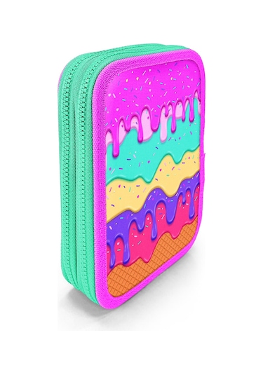 Coral High Kids Pembe Rengarenk Dondurma Desenli Çift Katlı Kalem Çanta 11131 Çok Renkli
