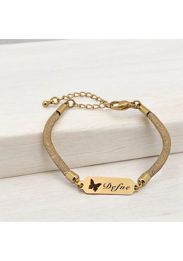 Archin Defne İsmine Özel Kelebek Motifli 14 Ayar Altın Plakalı Hasır Kordonlu Hediye Bileklik-647isim Defne
