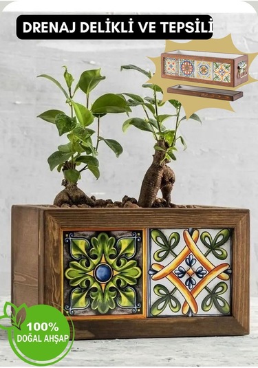 Halohope El Yapımı 2 Meksika Çinili Dekoratif Modern Ahşap Dikdörtgen Bahçe Balkon Saksı Saksılık Çiçeklik