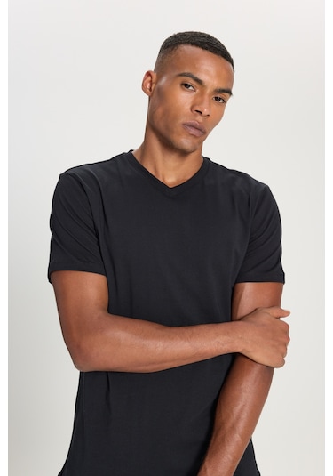 Ac&Co / Altınyıldız Classics Dar Kesim V Yaka Pamuklu Erkek Tişört Siyah