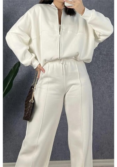 Neşeli Butik Kadın Fermuarlı 3 İplik Eşofman Takımı Nb0018 - Ekru Ekru