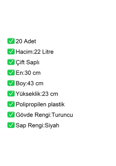 Plastik Alışveriş El Sepeti Çift Saplı 22 Litre Turuncu 20 Adet / En:30 Boy:43 Yükseklik:22 Cm Turuncu