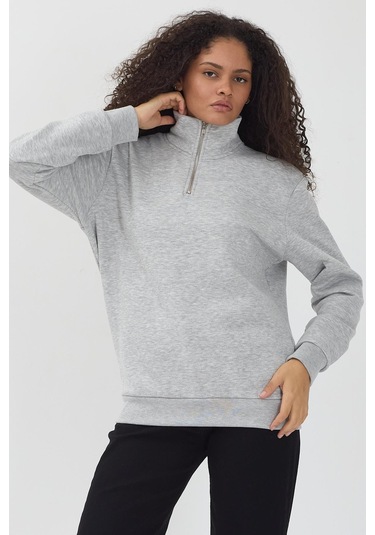 Unisex Regular Fit Rahat Kesim Pamuklu Içi Polarlı Yarım Fermuarlı Gri Dik Yaka Sweatshirt Gri