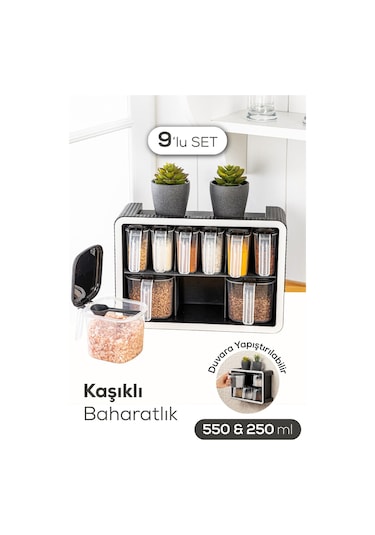 Vienev 9lu Standlı Kendinden Yapışkanlı Kaşıklı Baharatlık Seti Antrasit