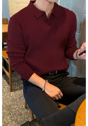 Cool Tarz Erkek Polo Yaka Triko Kazak Slim Fit Fitilli Bordo