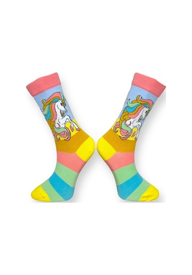 3'lü Unısex Unicorn Tasarımlı Gökkuşağı Ve Yıldız Detaylı Esnek Nem Alabilen Pamuklu Spor Soket Çoraplar Çok Renkli