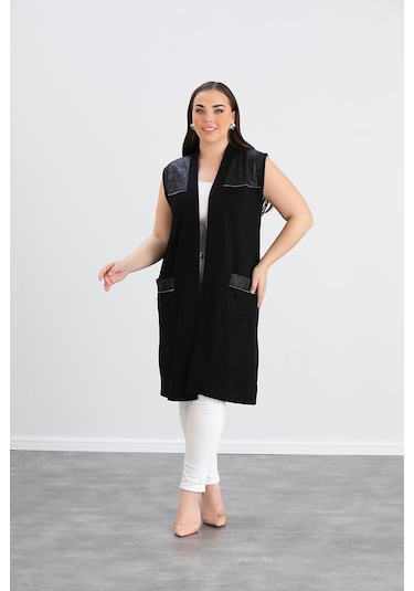 Wearon Kadın Ajda 2 İp Kristal Süs Deri Ve Taşlı Cepli Siyah Yelek Siyah