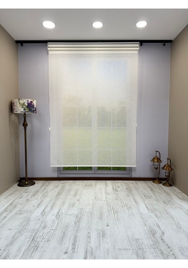 Çift Mekanizmalı Beyaz Çizgili Desenli Tül Ve Beyaz Mat Stor Perde Beyaz