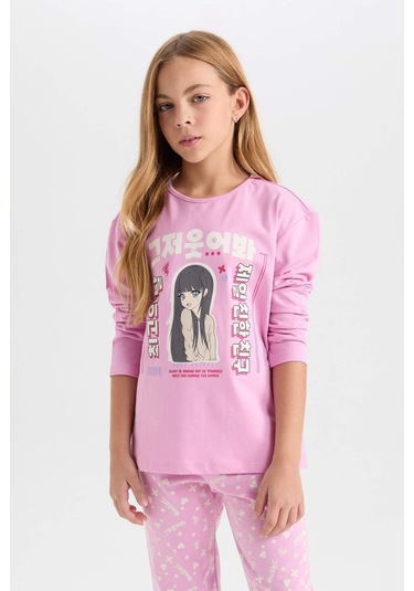 DeFacto Kız Çocuk Pijama Takımı Baskılı Uzun Kollu Üst Uzun Alt D8191A8NSPN444 Pembe