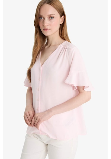 Defacto Regular Fit V Yaka Kısa Kollu Gömlek F6086ax25smpn436 Pembe