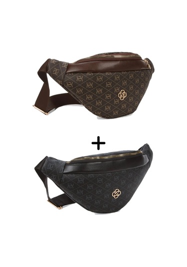 Newish Polo Kadın Desenli Çapraz Omuz Askılı Bel Ve Omuz Çantası 2 Adet New345- Kahverengi - Gri