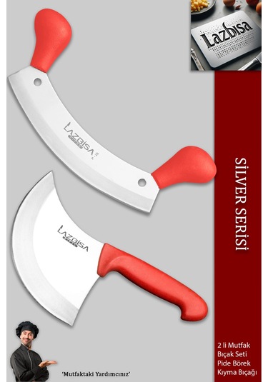 Lazbisa Mft-460 Silver Serisi Pizza Salata Hilal Börek Pide Bıçağı Kıyma Bıçağı 2 Li Set Günlük Kullanım Kırmızı